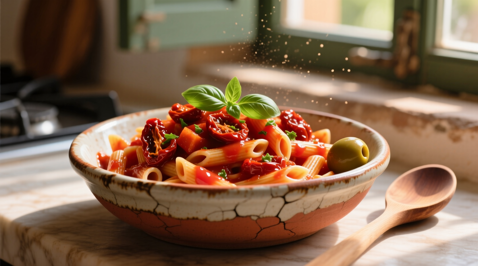 Vibrant red sundried tomato pasta in ceramic bowl