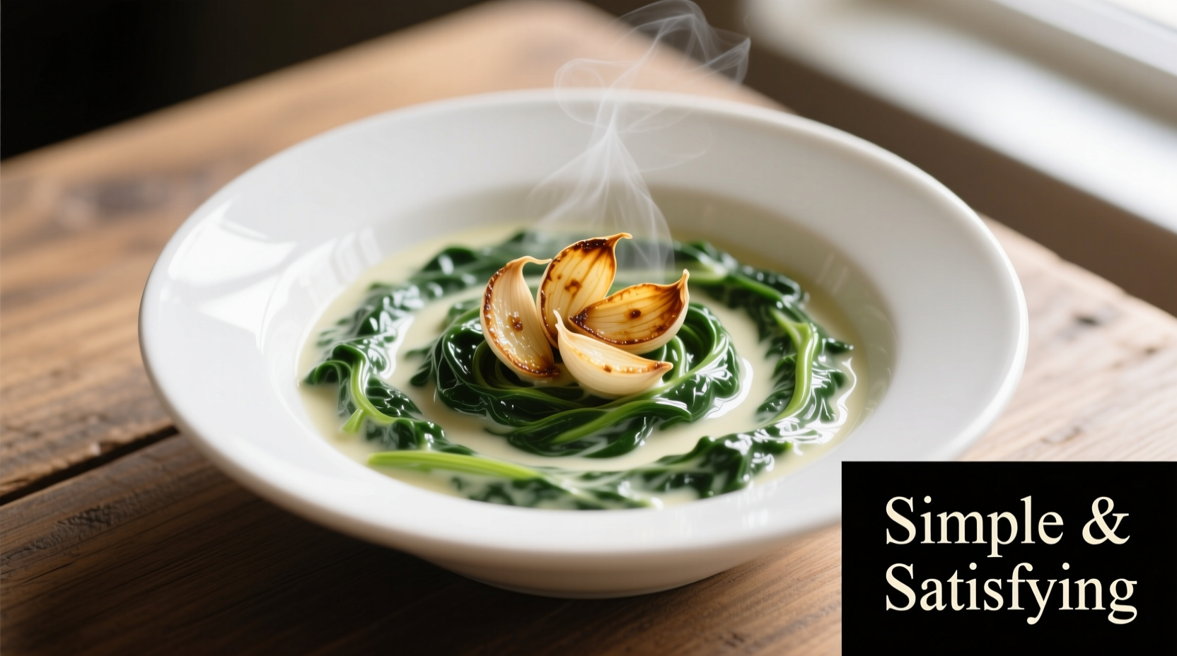 Creamed spinach in white bowl with garlic garnish
