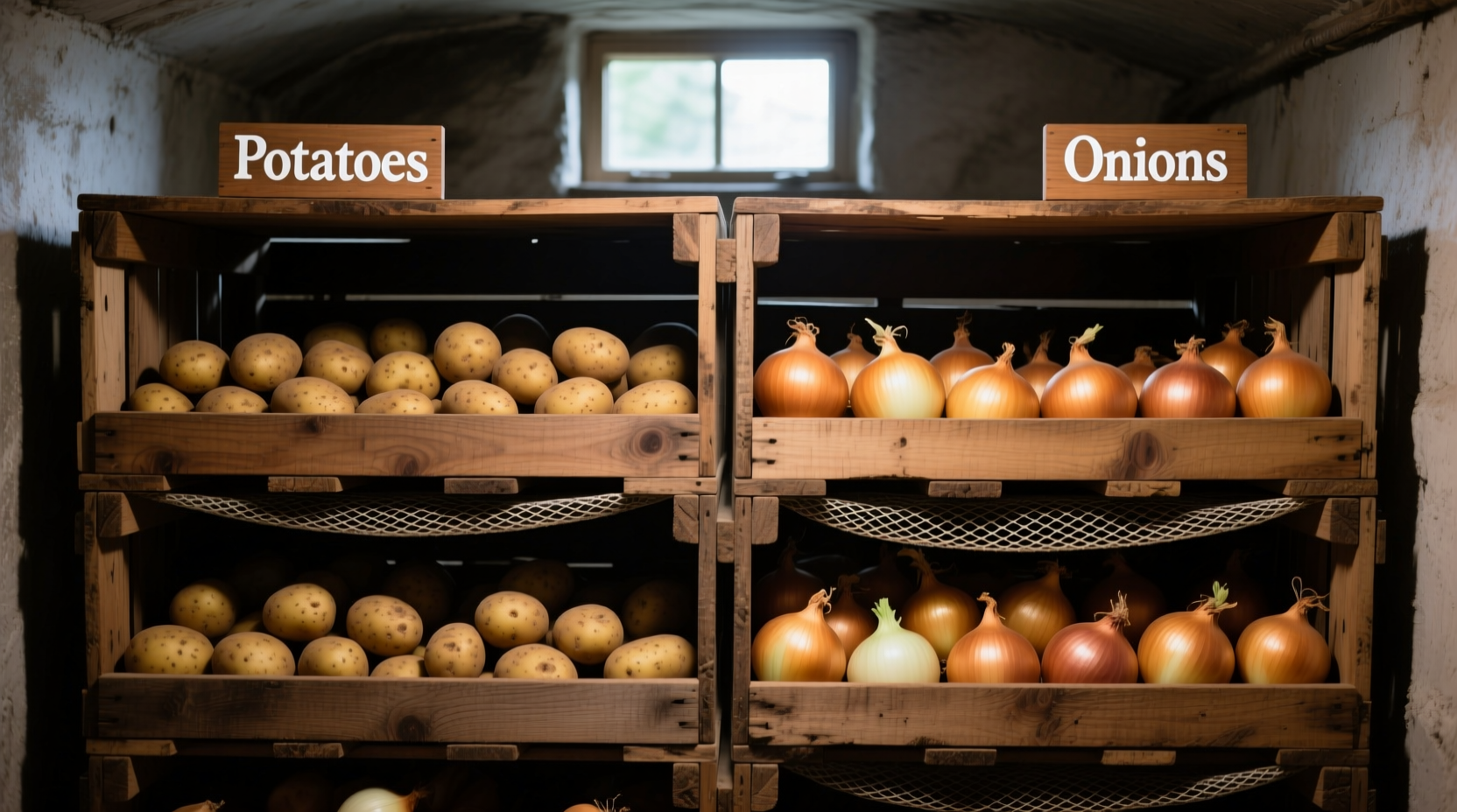Properly organized potato and onion storage bin with ventilation