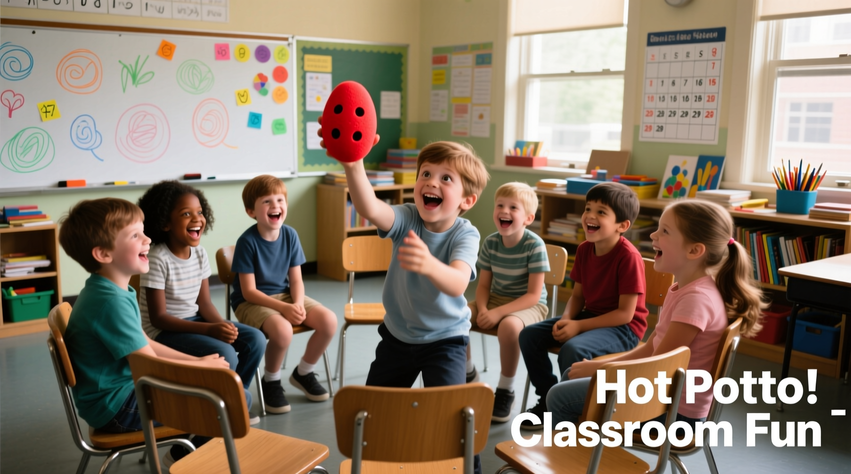 Children playing hot potato in classroom circle