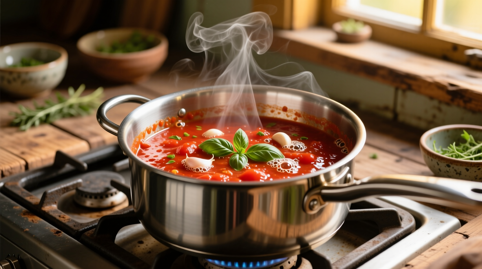 Homemade canned tomato sauce simmering in stainless steel pot