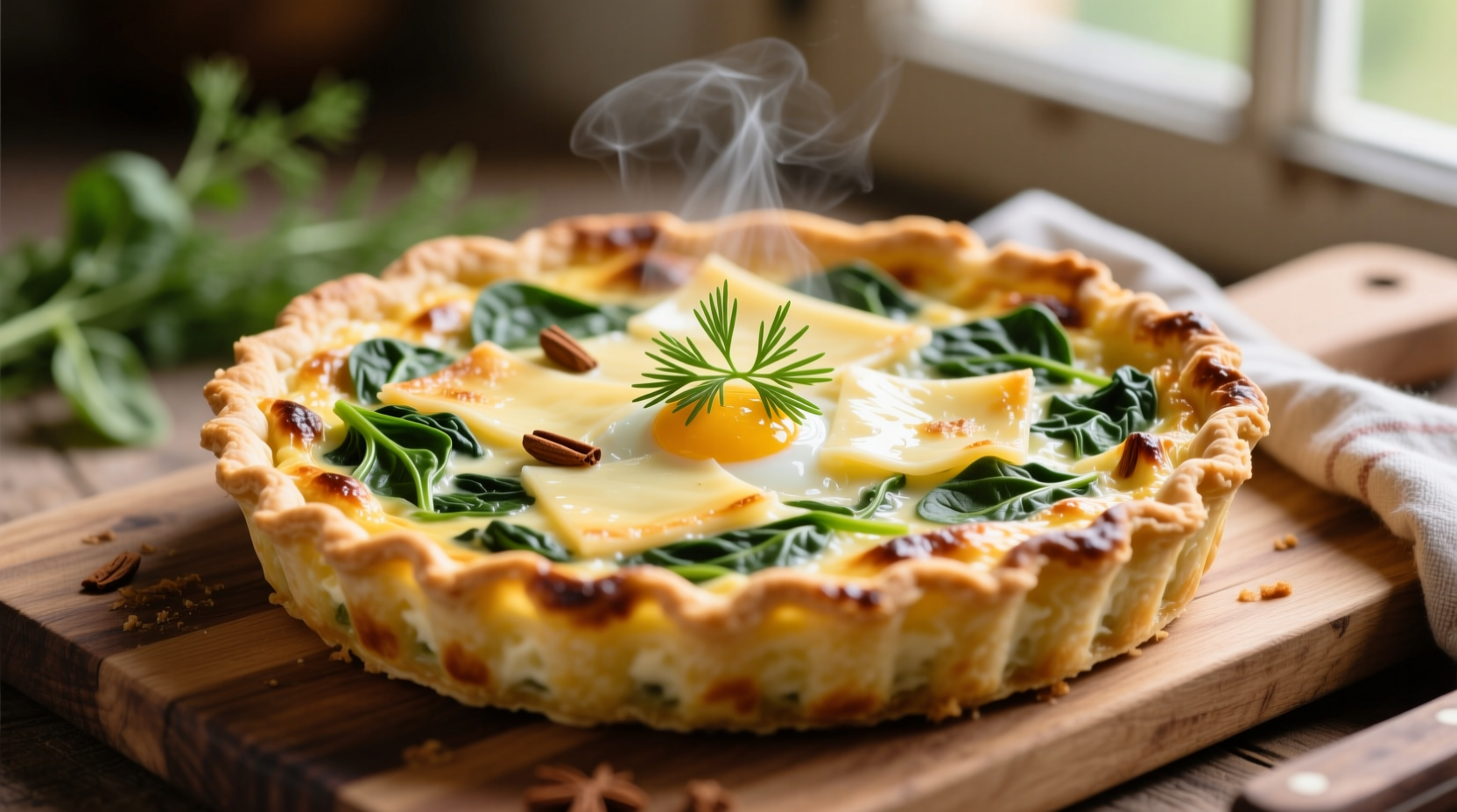 Golden spinach quiche with gruyere cheese