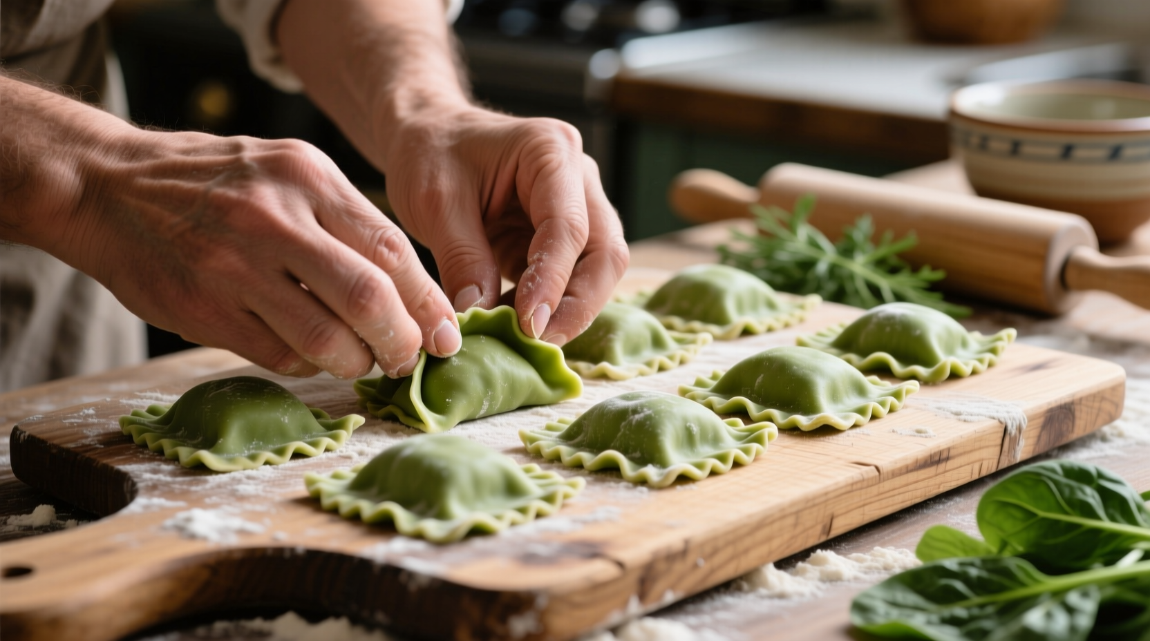 Hands shaping perfect spinach ravioli on wooden board