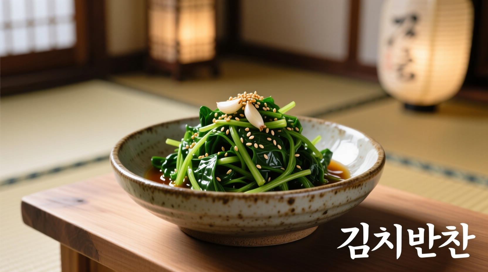 Freshly prepared Korean spinach banchan in traditional bowl