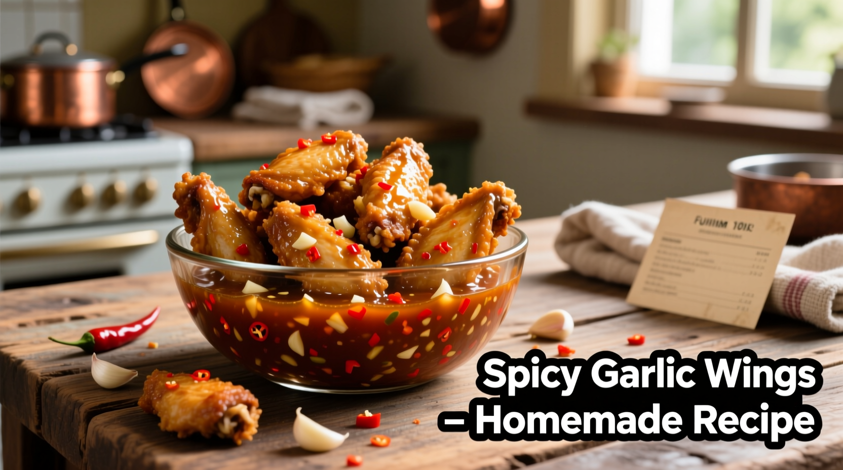 Homemade spicy garlic sauce in glass bowl with wings
