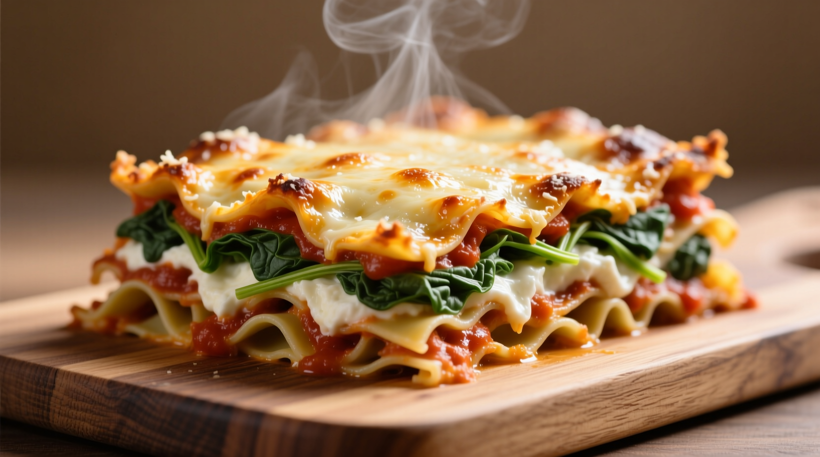 Perfectly layered spinach lasagna with golden cheese crust