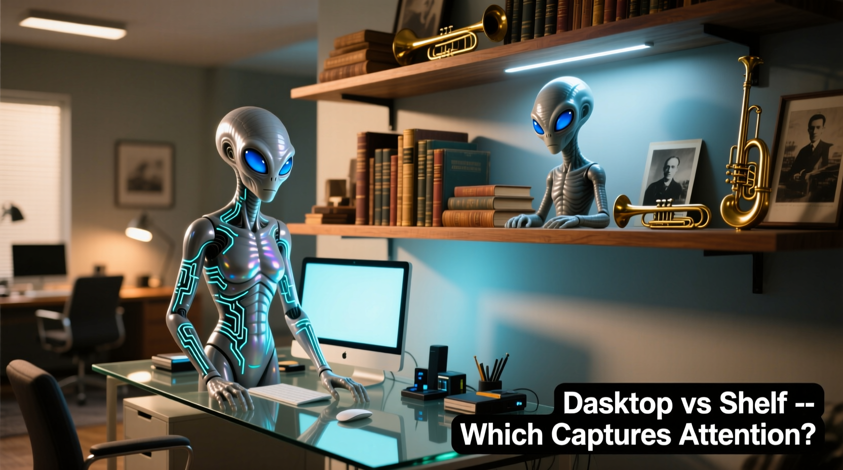 alien figure placement desktop vs shelf which display attracts more attention