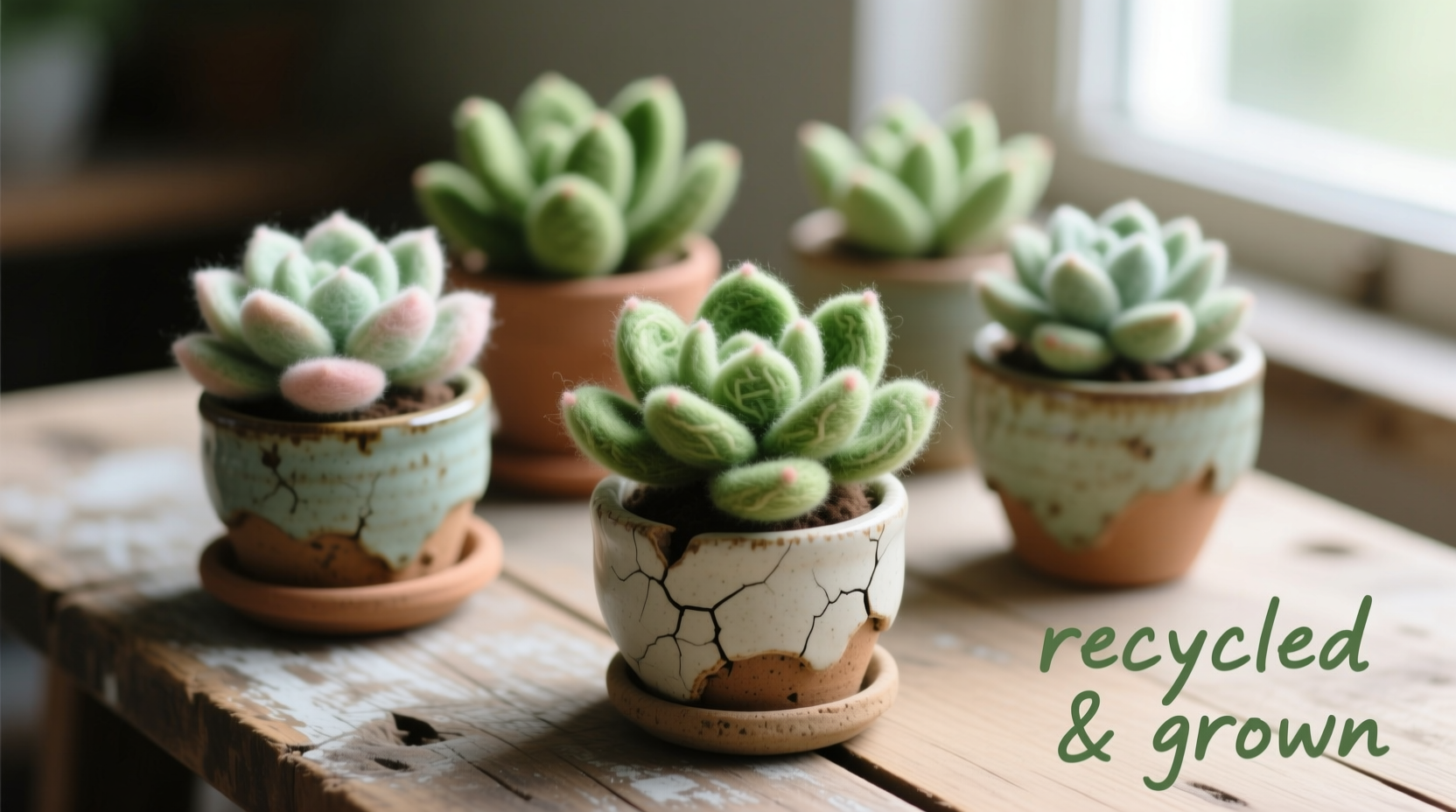 Recycled felt succulent plants in ceramic pots