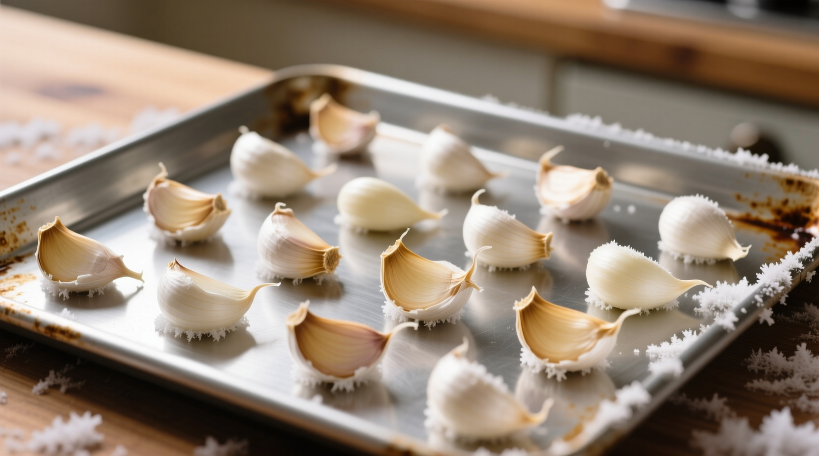 Garlic cloves arranged on baking sheet before freezing