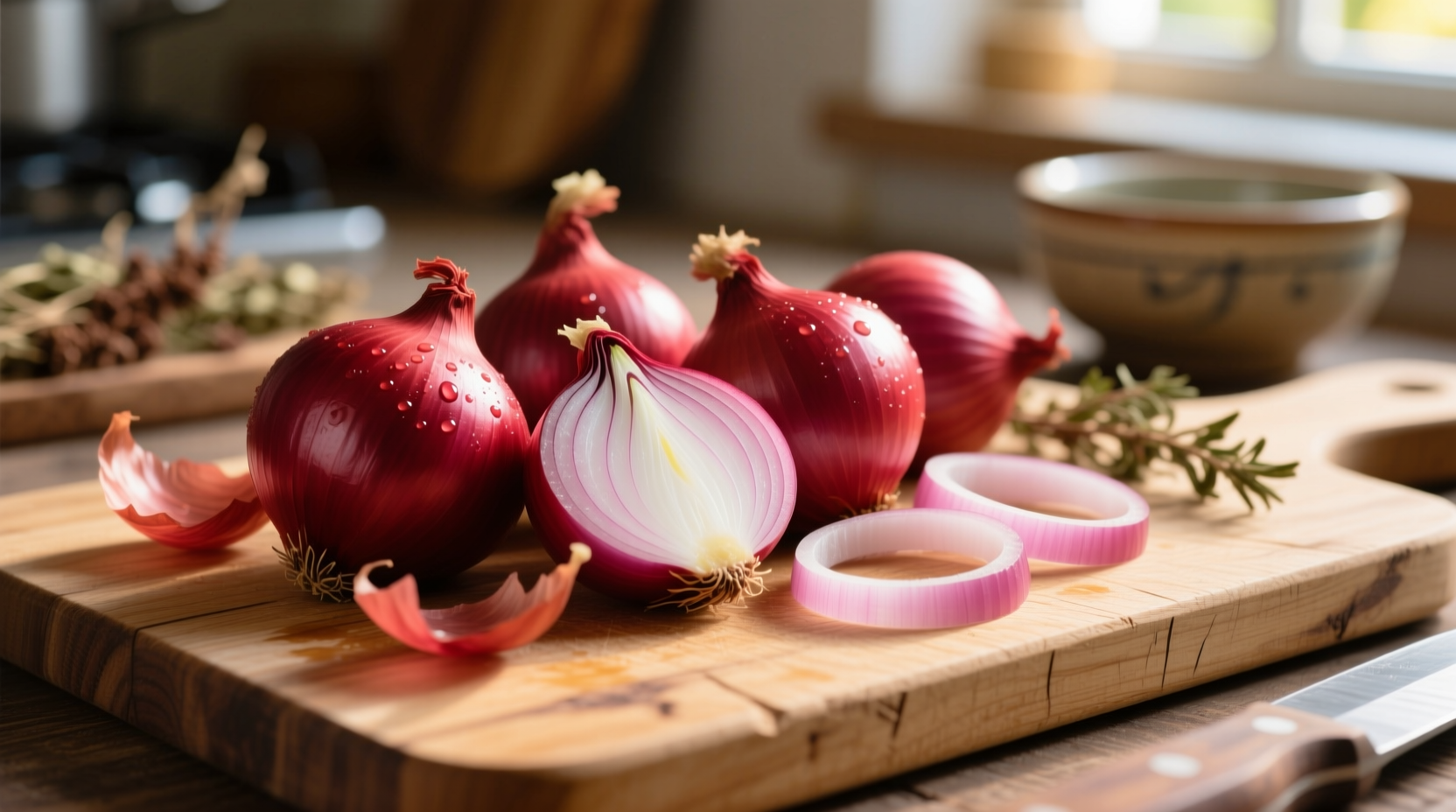 Fresh red onions on wooden cutting board