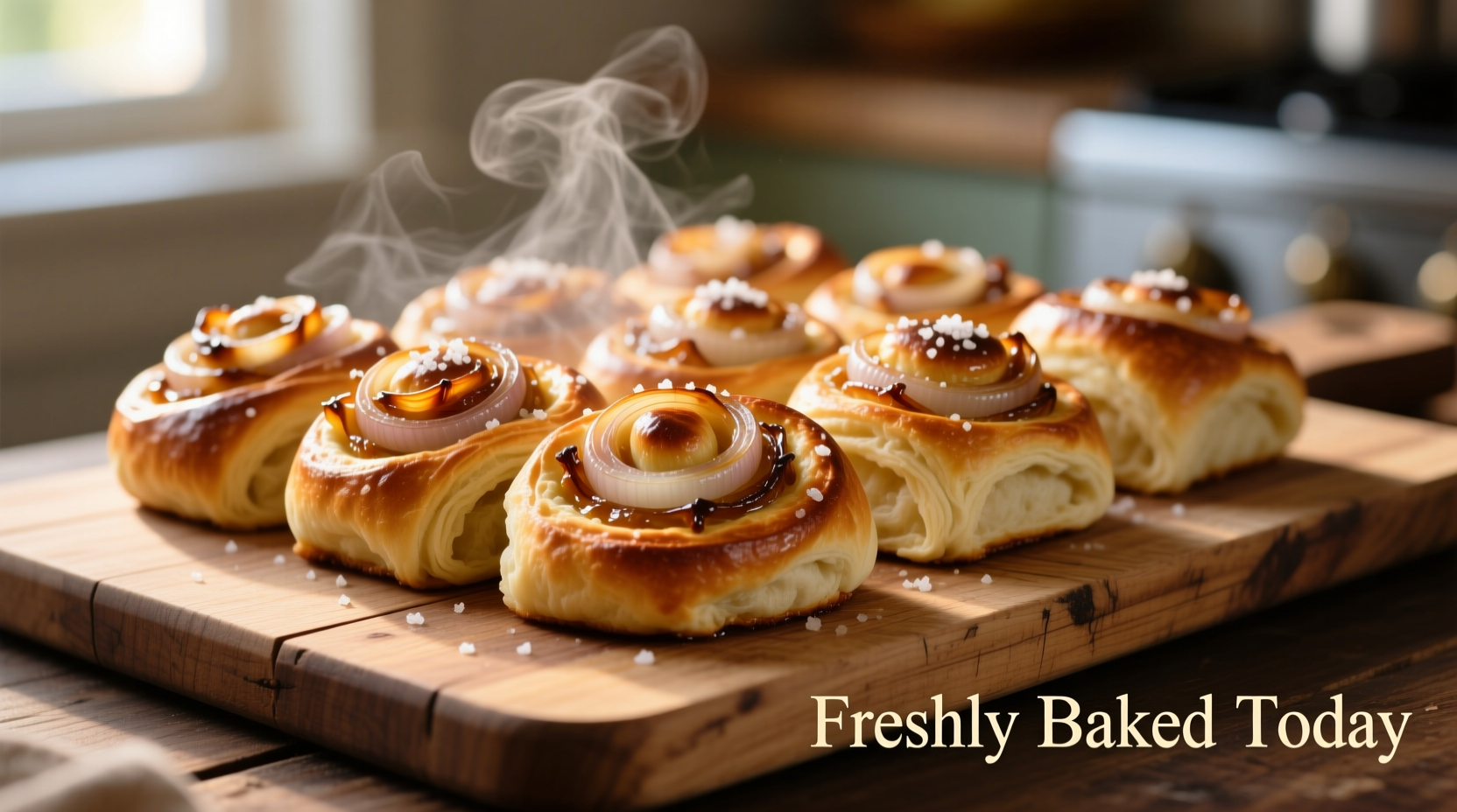 Freshly baked onion rolls on wooden cutting board