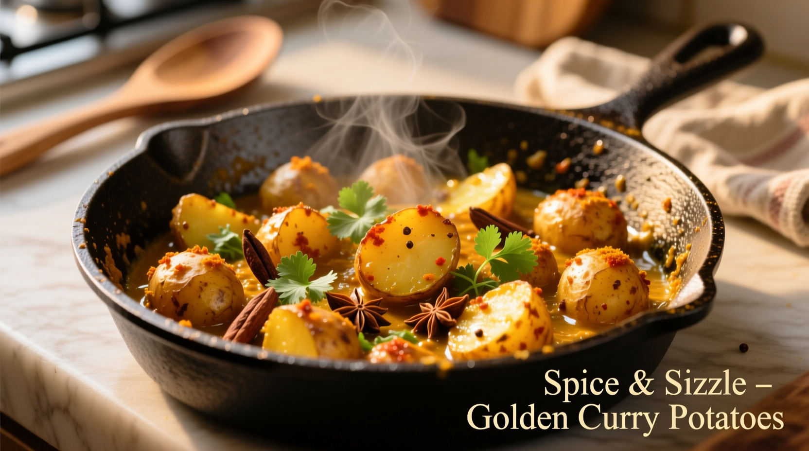 Golden curry potatoes in cast iron skillet with spices
