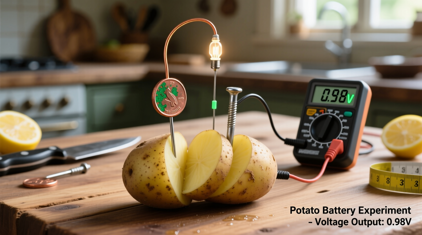 Potato battery experiment with copper and zinc electrodes