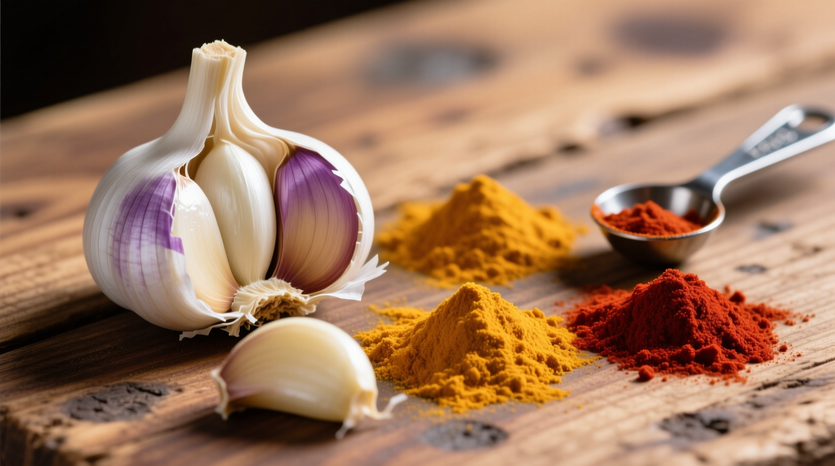 Garlic cloves next to measured powder portions