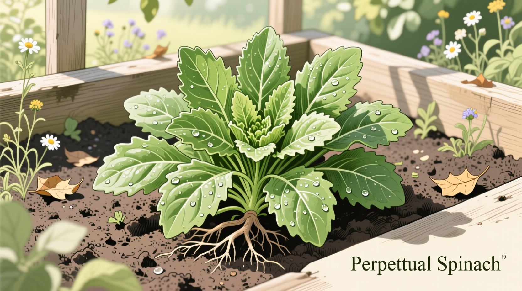 Perpetual spinach growing in garden bed
