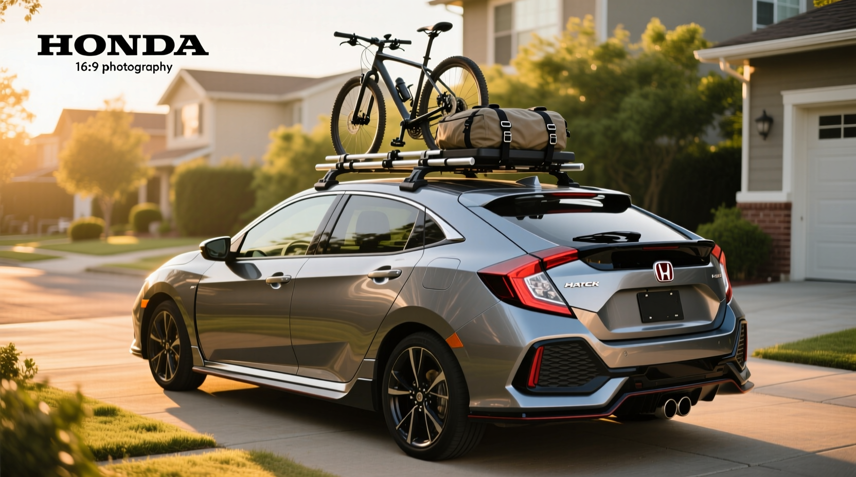Honda Civic hatchback with roof rack installed carrying cargo box