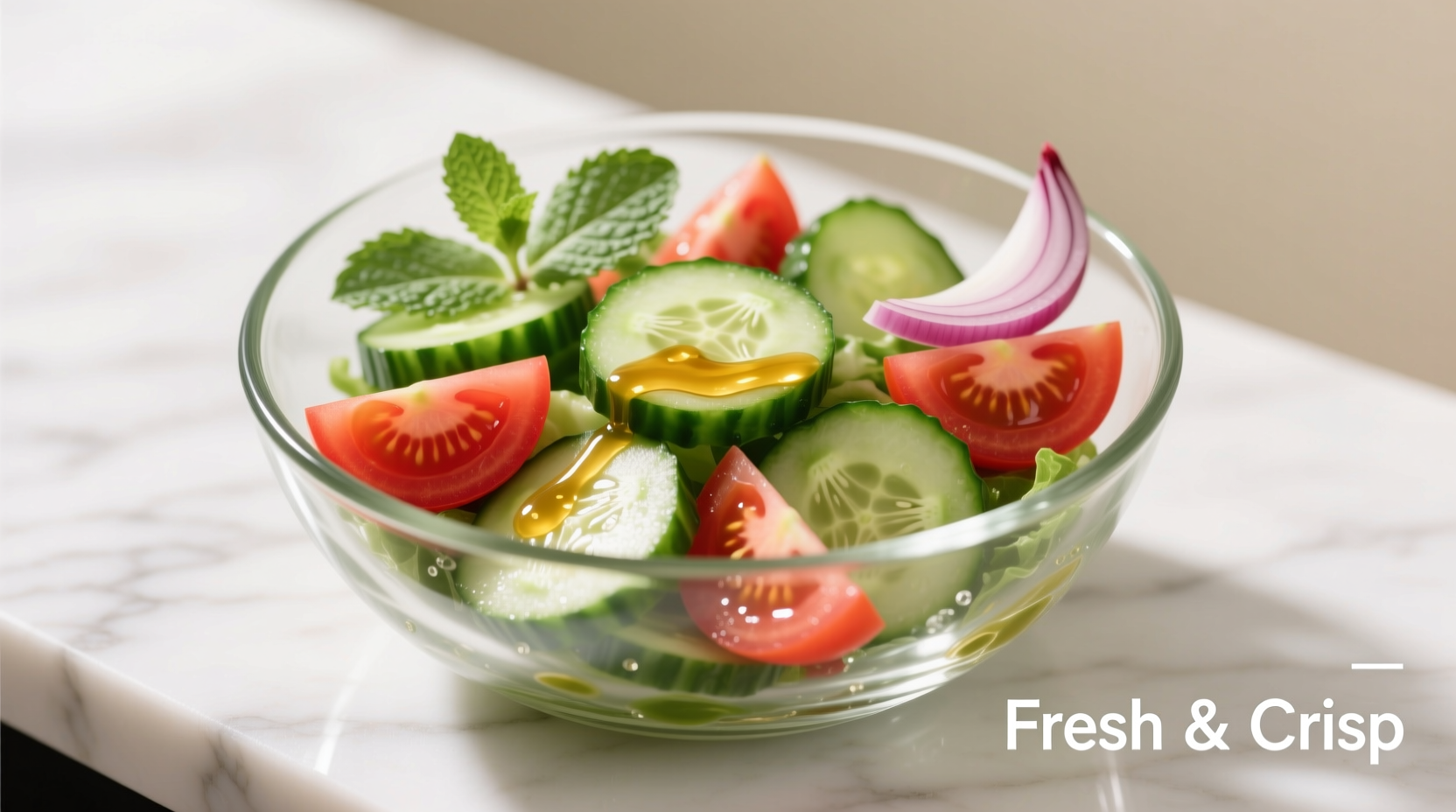 Fresh cucumber tomato vinegar salad in glass bowl