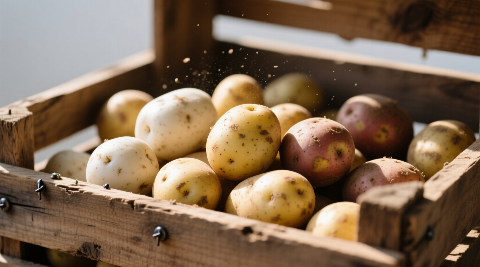 Properly stored potatoes in ventilated wooden box