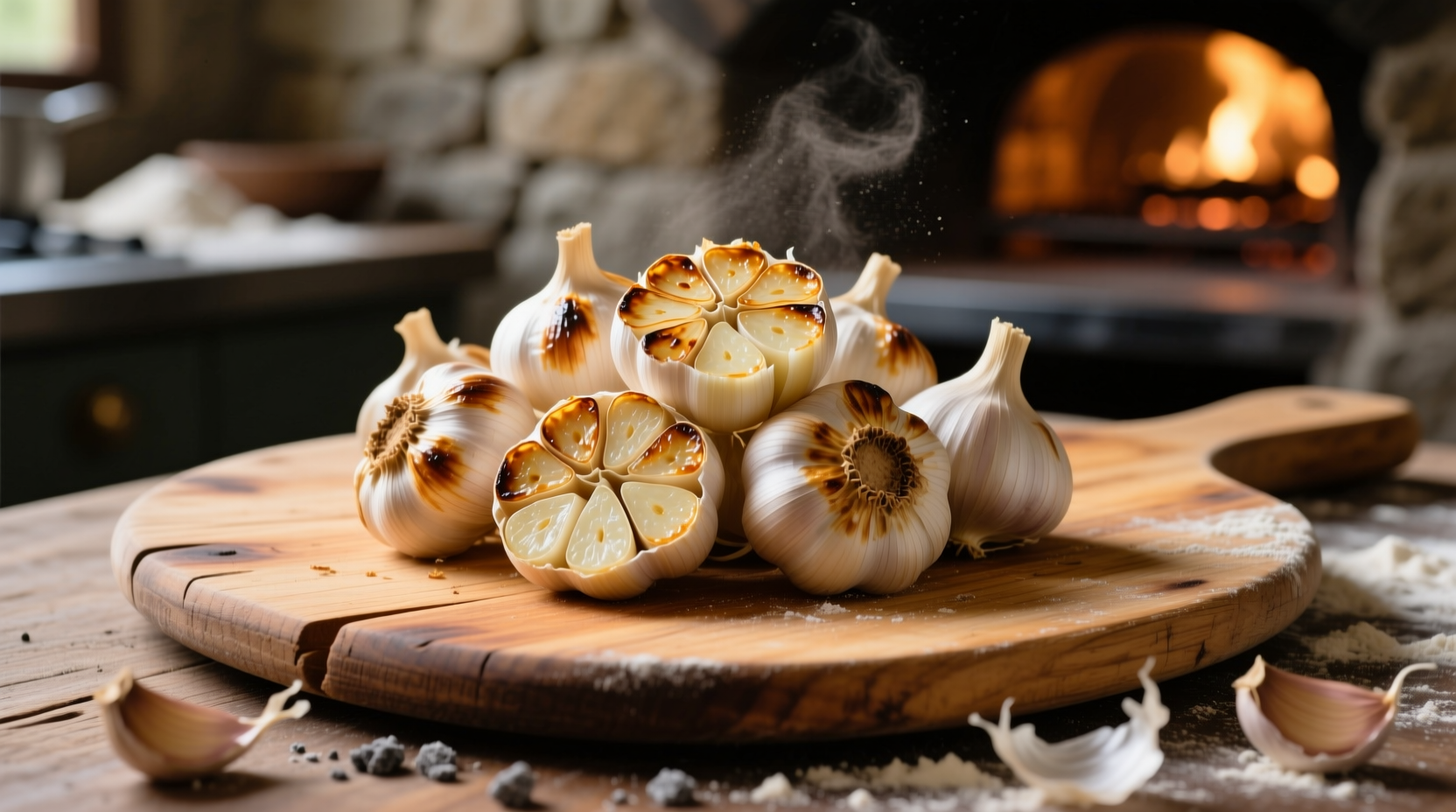 Fresh roasted garlic cloves on wooden pizza peel