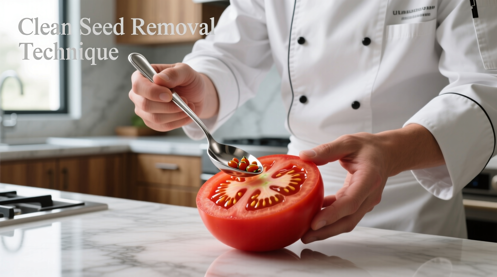 Chef using spoon to remove tomato seeds cleanly