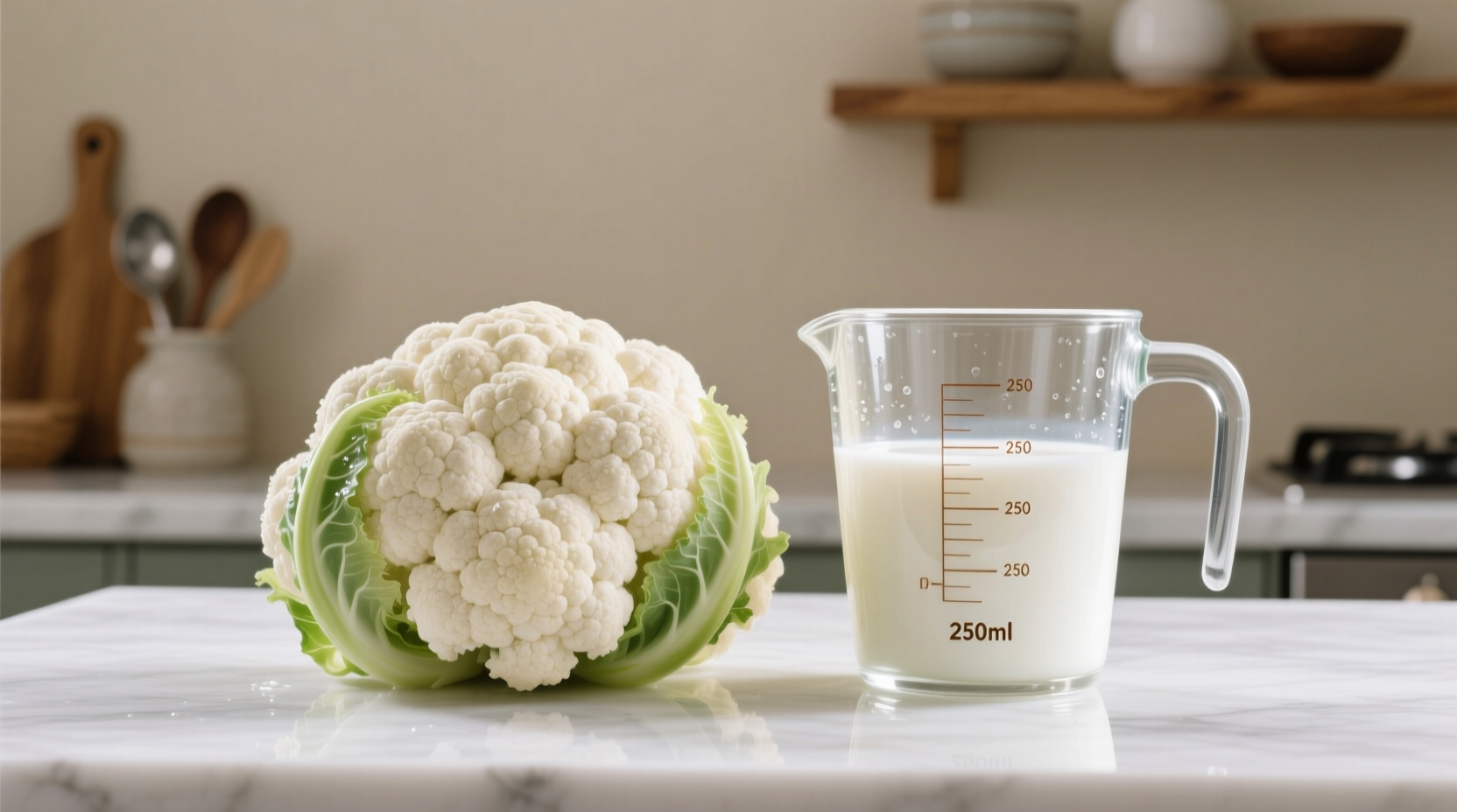Cauliflower florets next to measuring cup