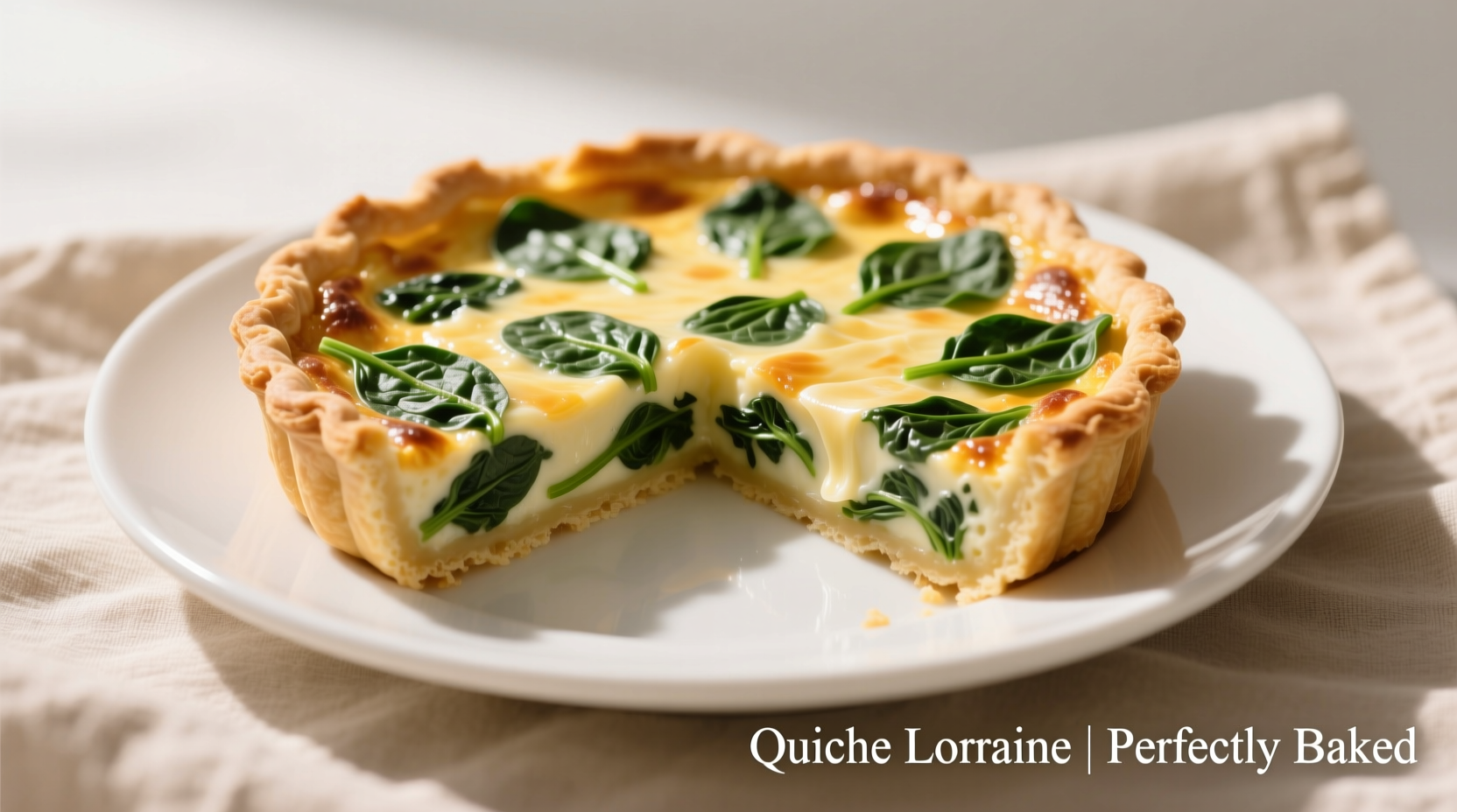 Perfectly baked quiche lorraine with spinach served on white plate