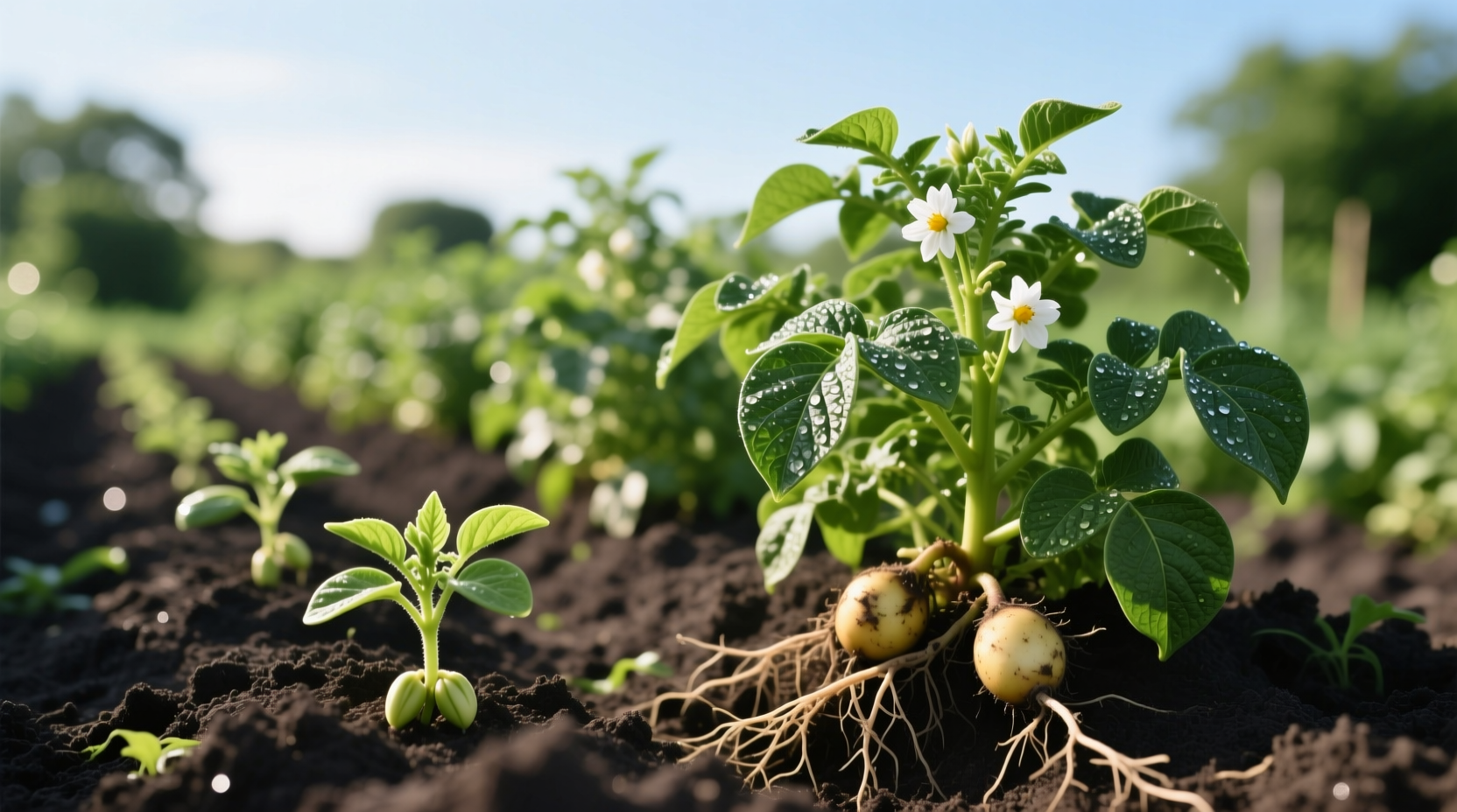 Healthy potato plants at various growth stages in garden