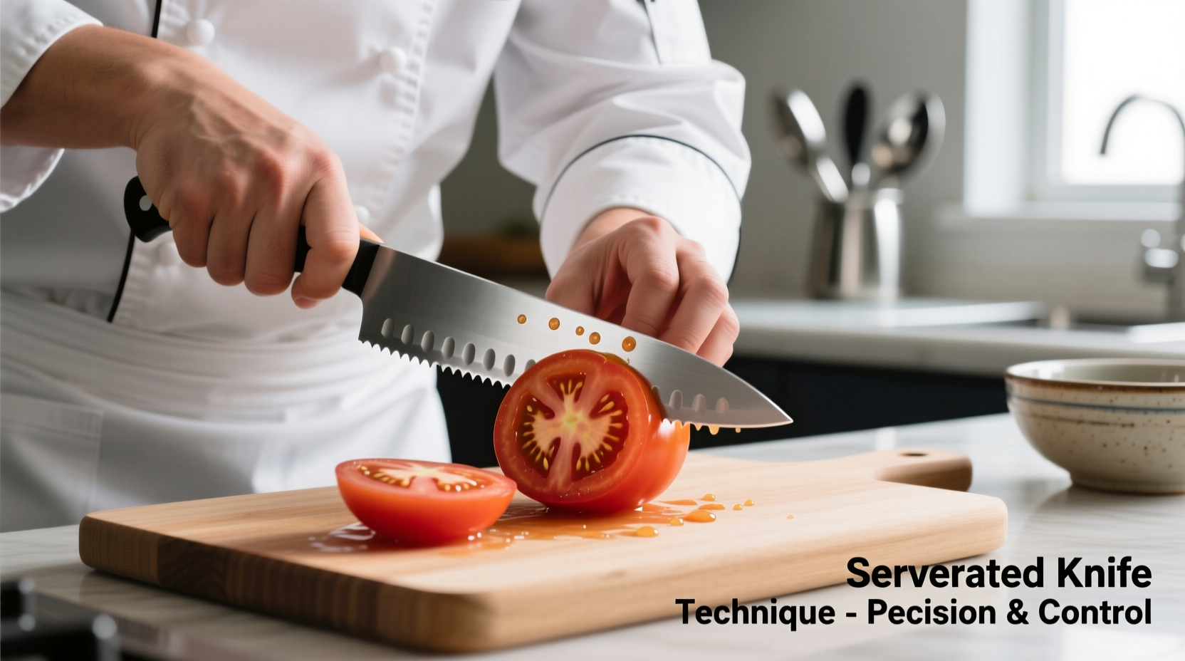 Chef demonstrating proper tomato cutting technique with serrated knife