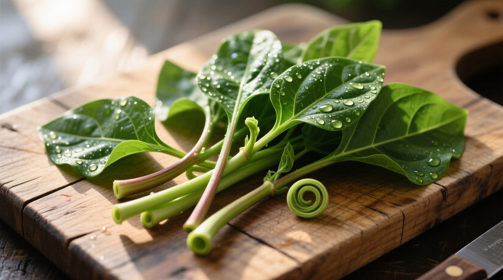Fresh malabar spinach leaves and stems on wooden cutting board