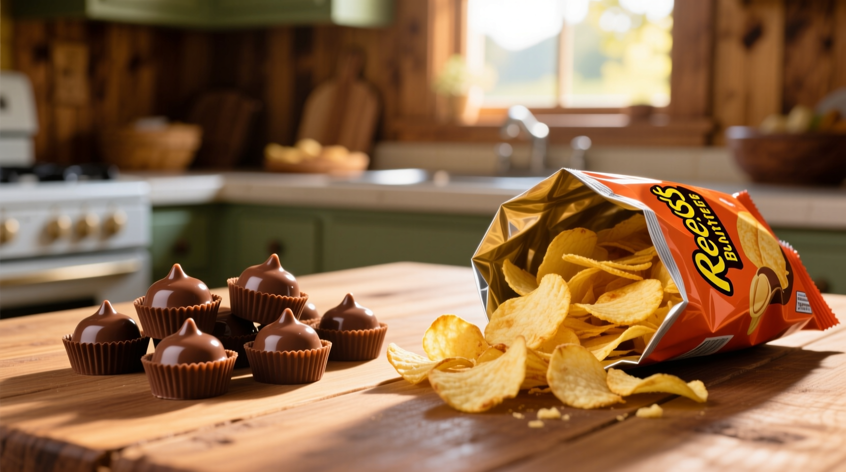 Reese's peanut butter cups next to potato chips comparison