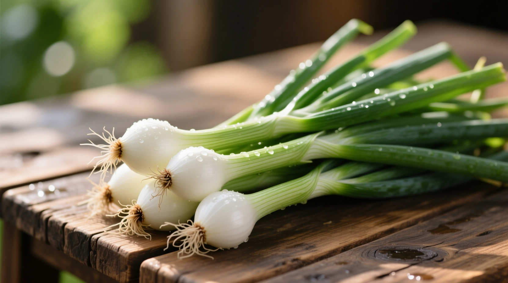 Fresh long onions with white bulbs and green stalks