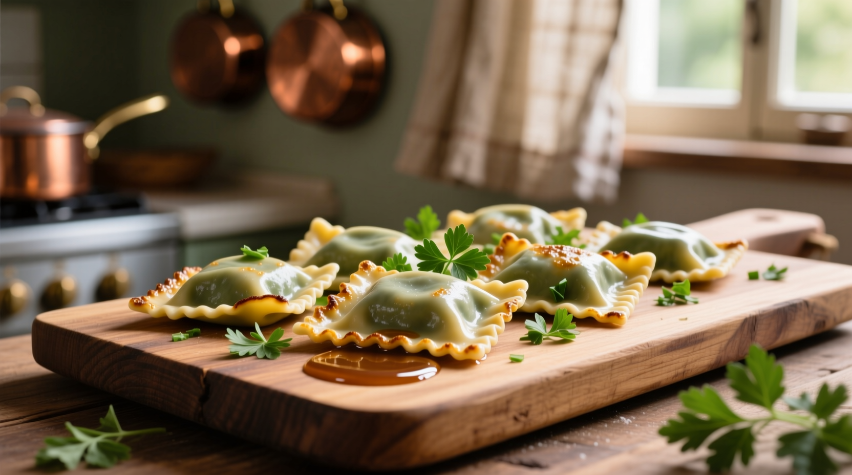 Homemade ricotta spinach ravioli on wooden board