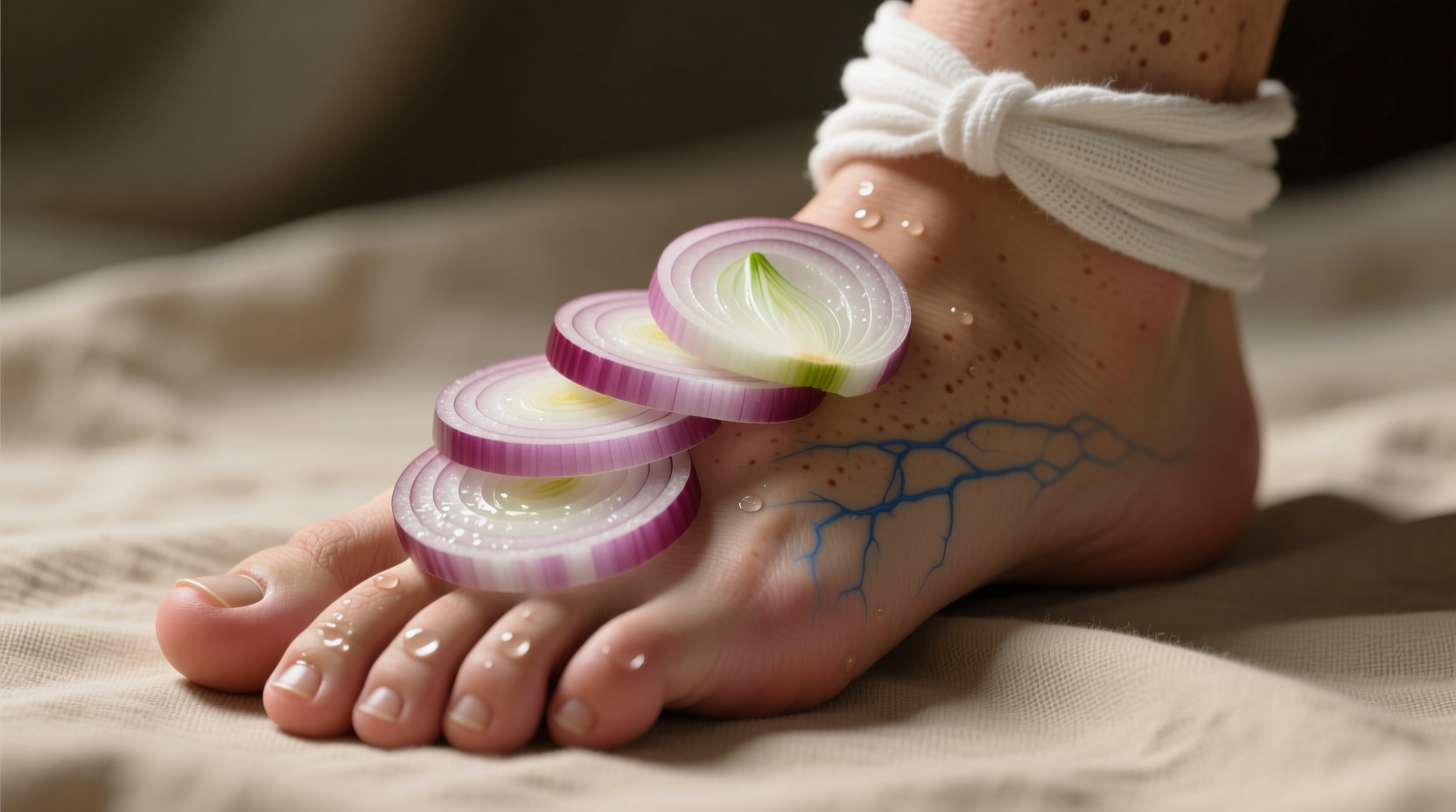 Raw onion slices placed on foot sole with cotton wrap