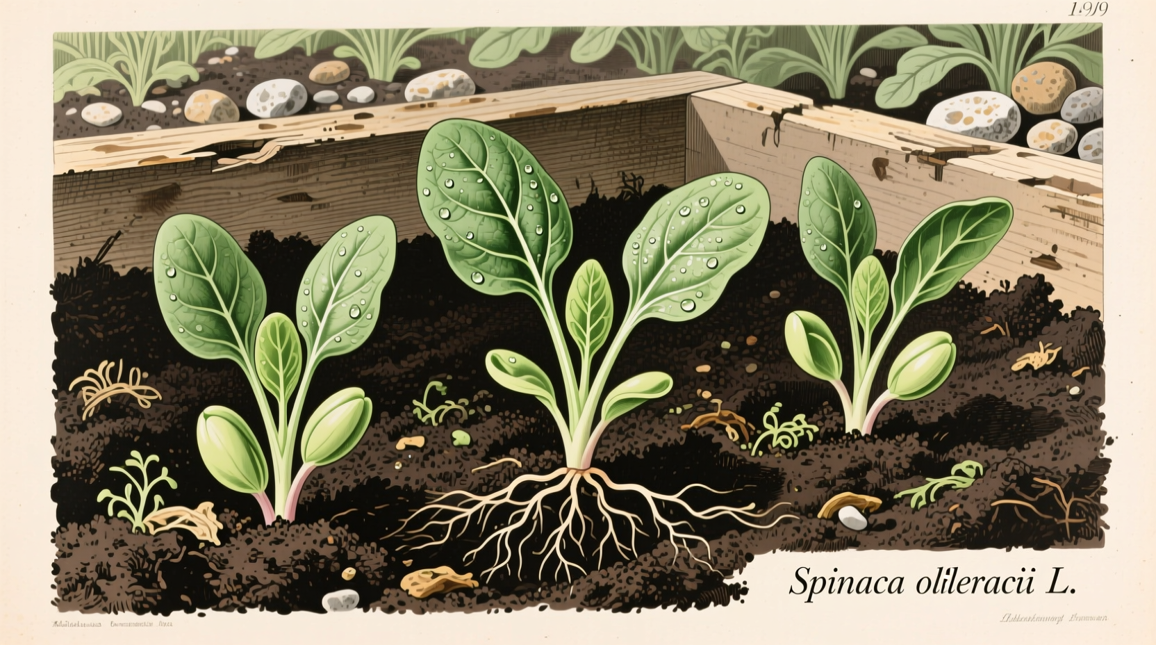 Spinach seedlings emerging from garden soil