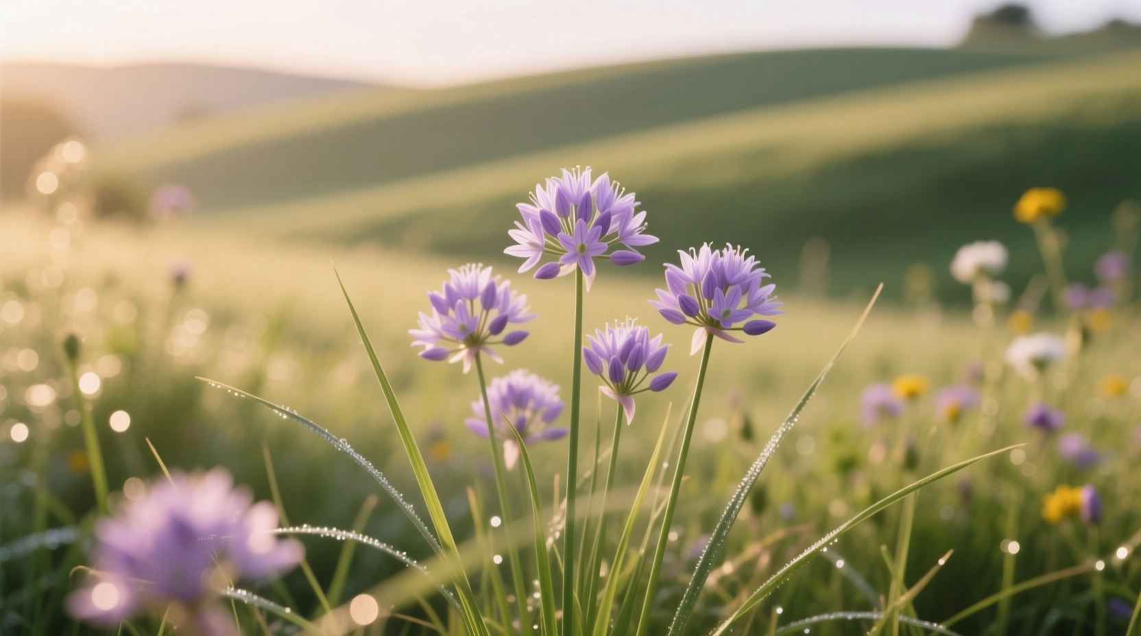 Wild onion flowers blooming in a meadow with grass-like leaves