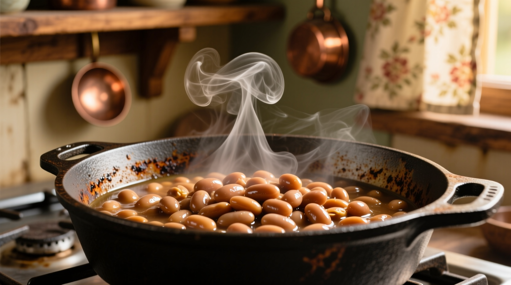 Freshly cooked beans in a pot with steam rising