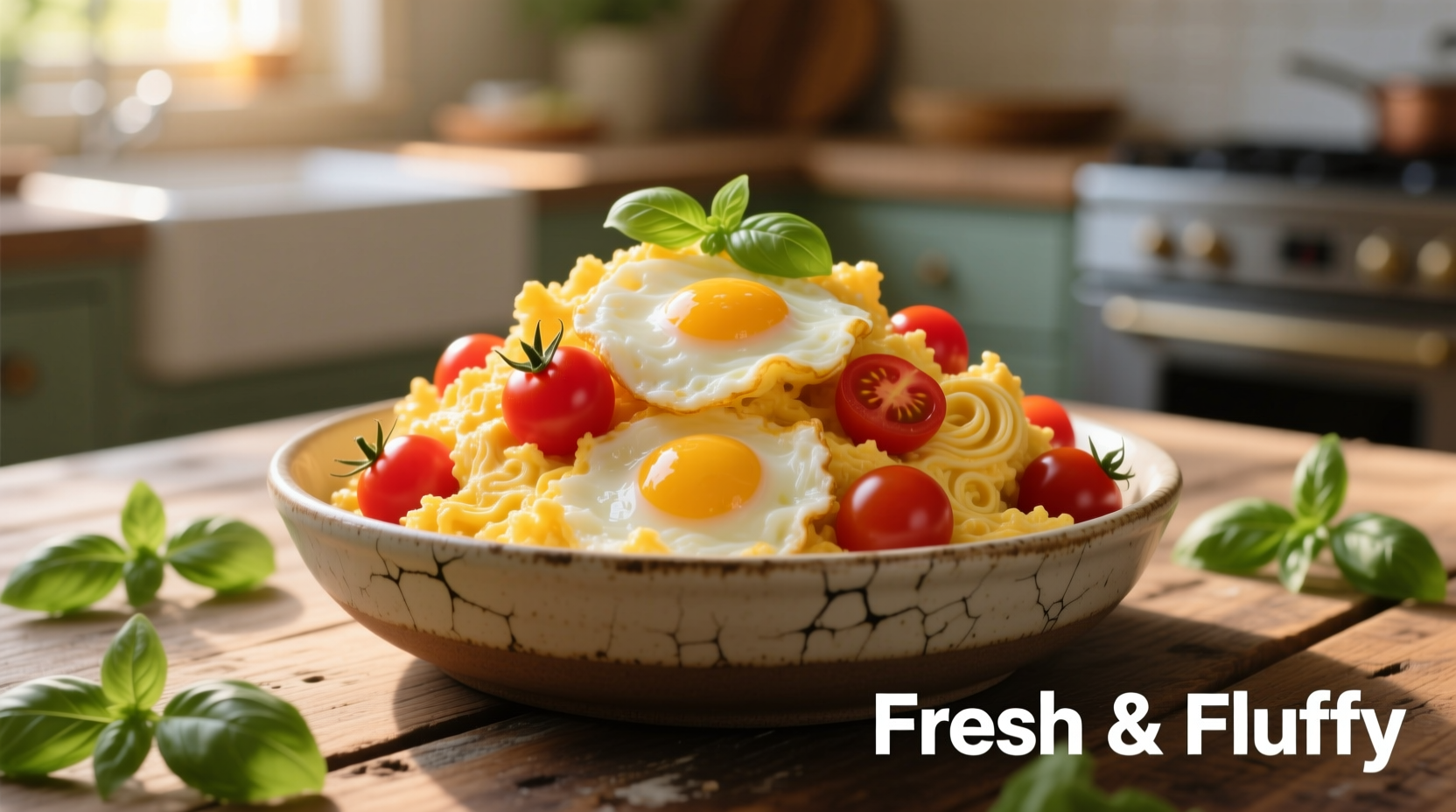 Fluffy scrambled eggs with fresh tomatoes