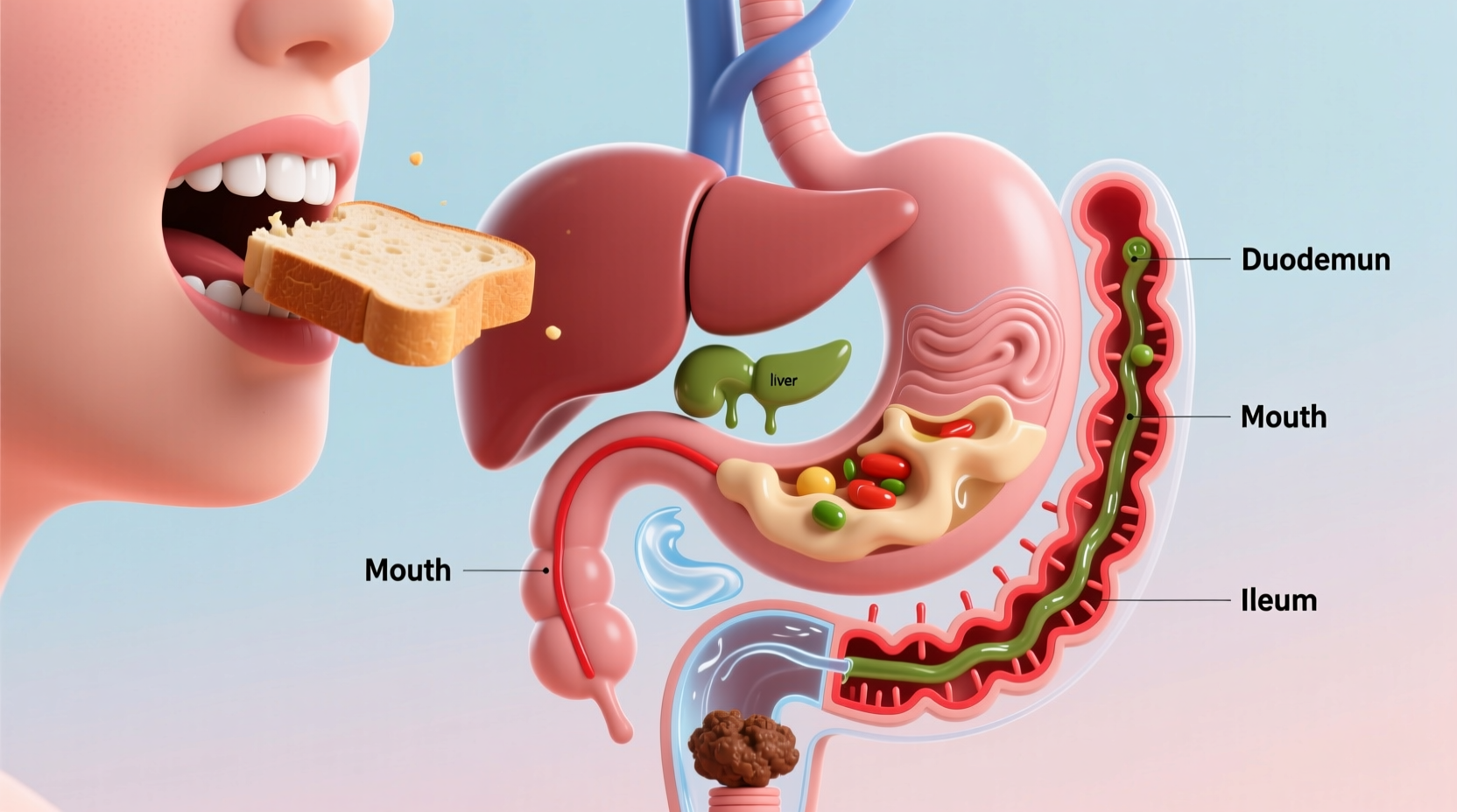 Digestive system illustration showing food journey