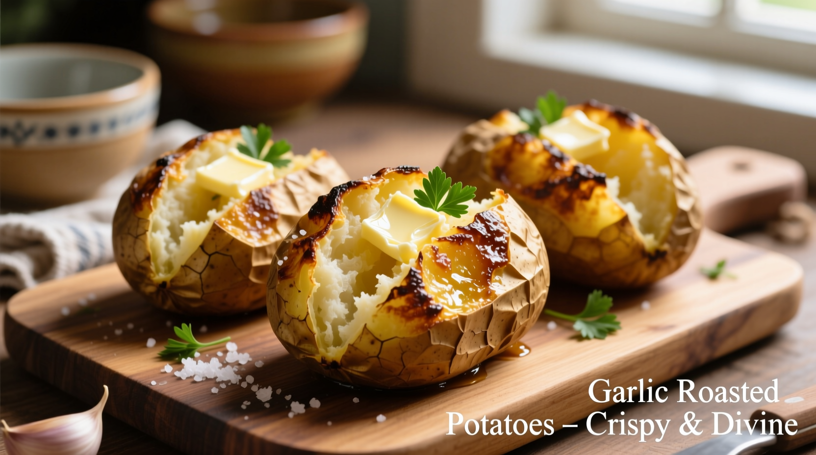 Golden roasted garlic baked potatoes with crispy edges