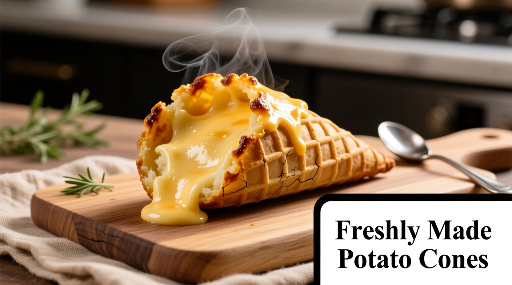 Freshly made potato cones with melted cheese topping