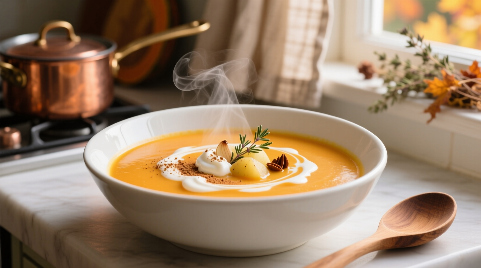 Creamy butternut squash potato soup in white bowl