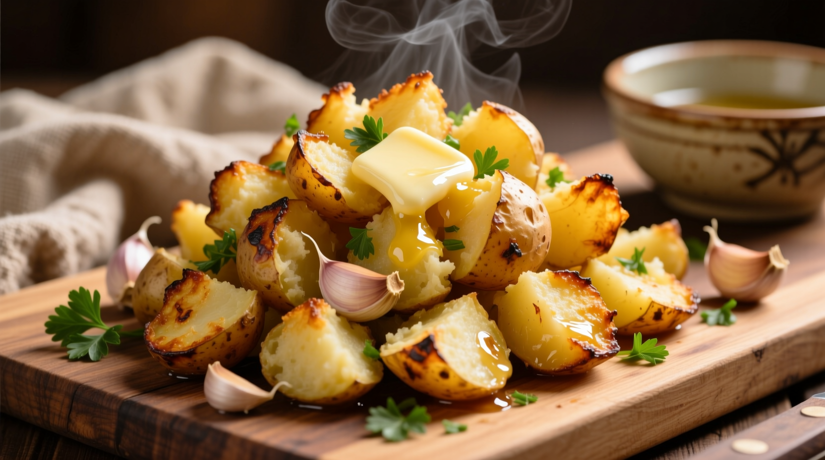 Golden garlic smashed potatoes with crispy edges