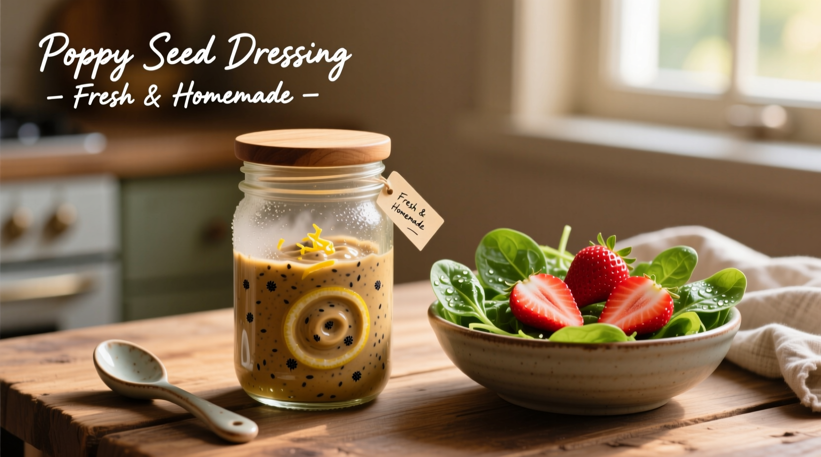 Homemade poppy seed dressing in glass jar with fresh spinach and strawberries
