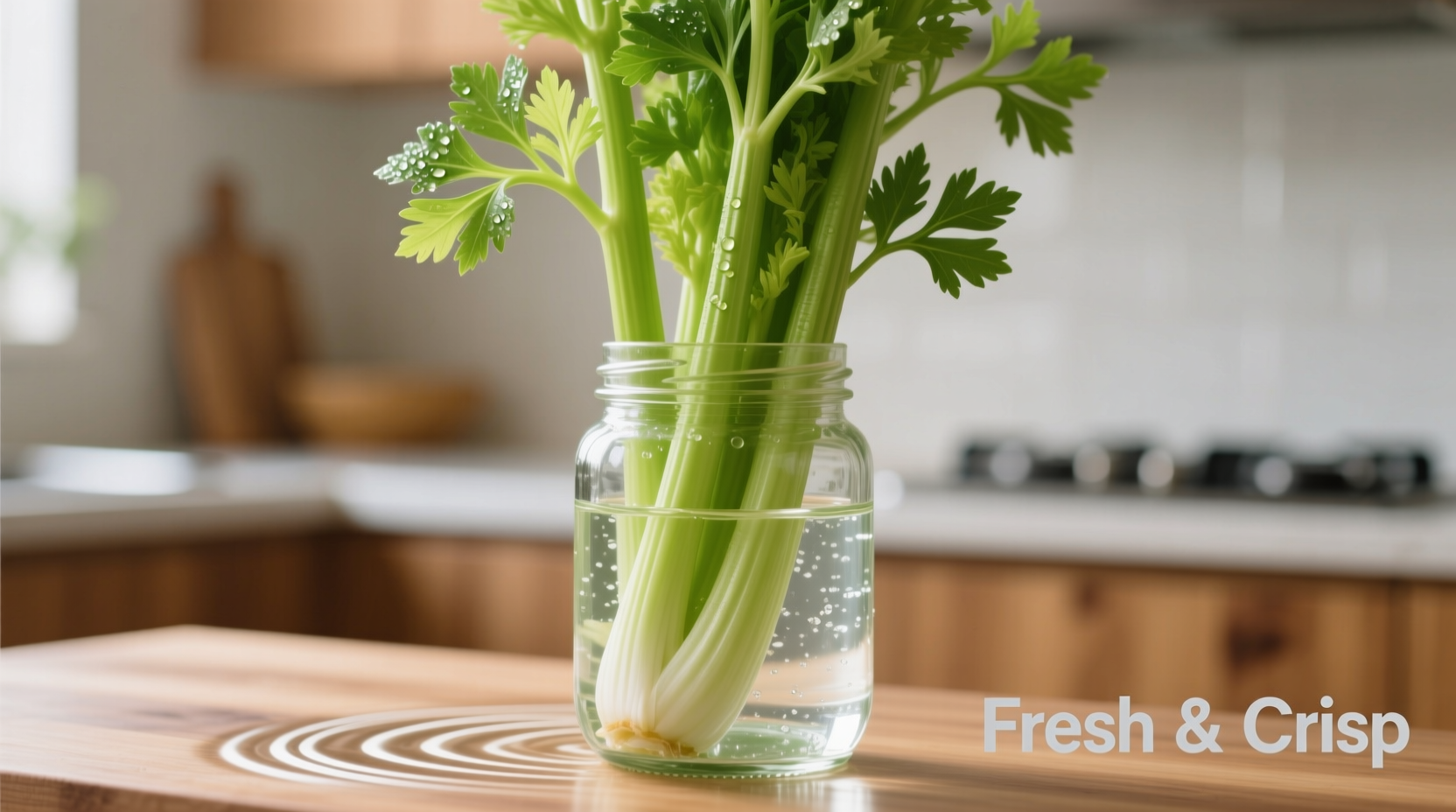 Fresh celery stalks submerged in water container