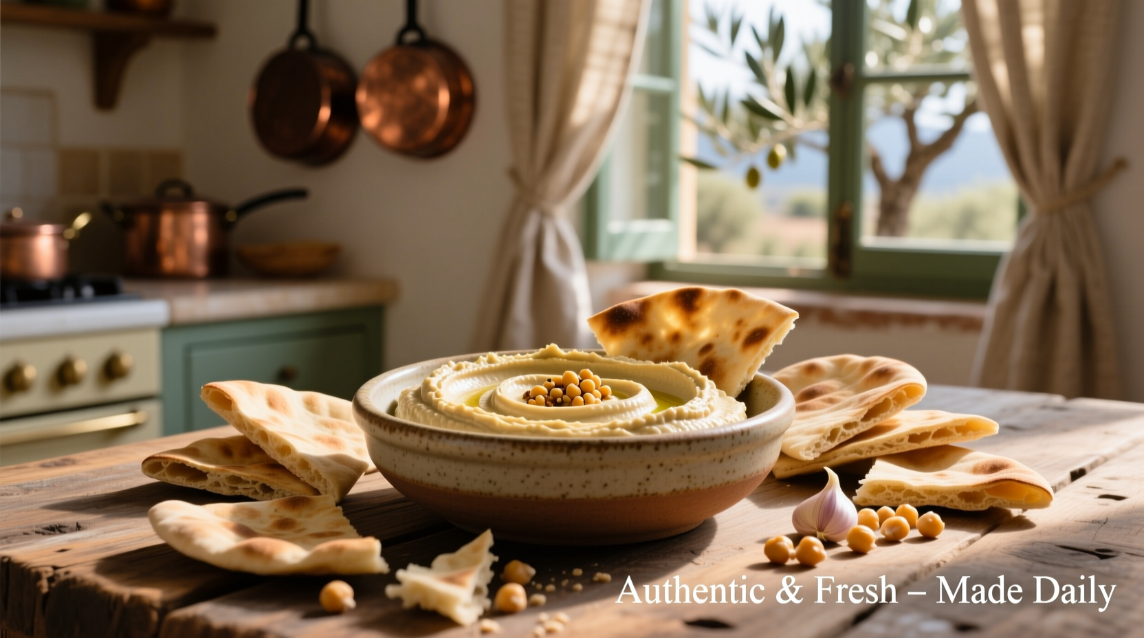 Creamy garlic hummus in bowl with pita bread