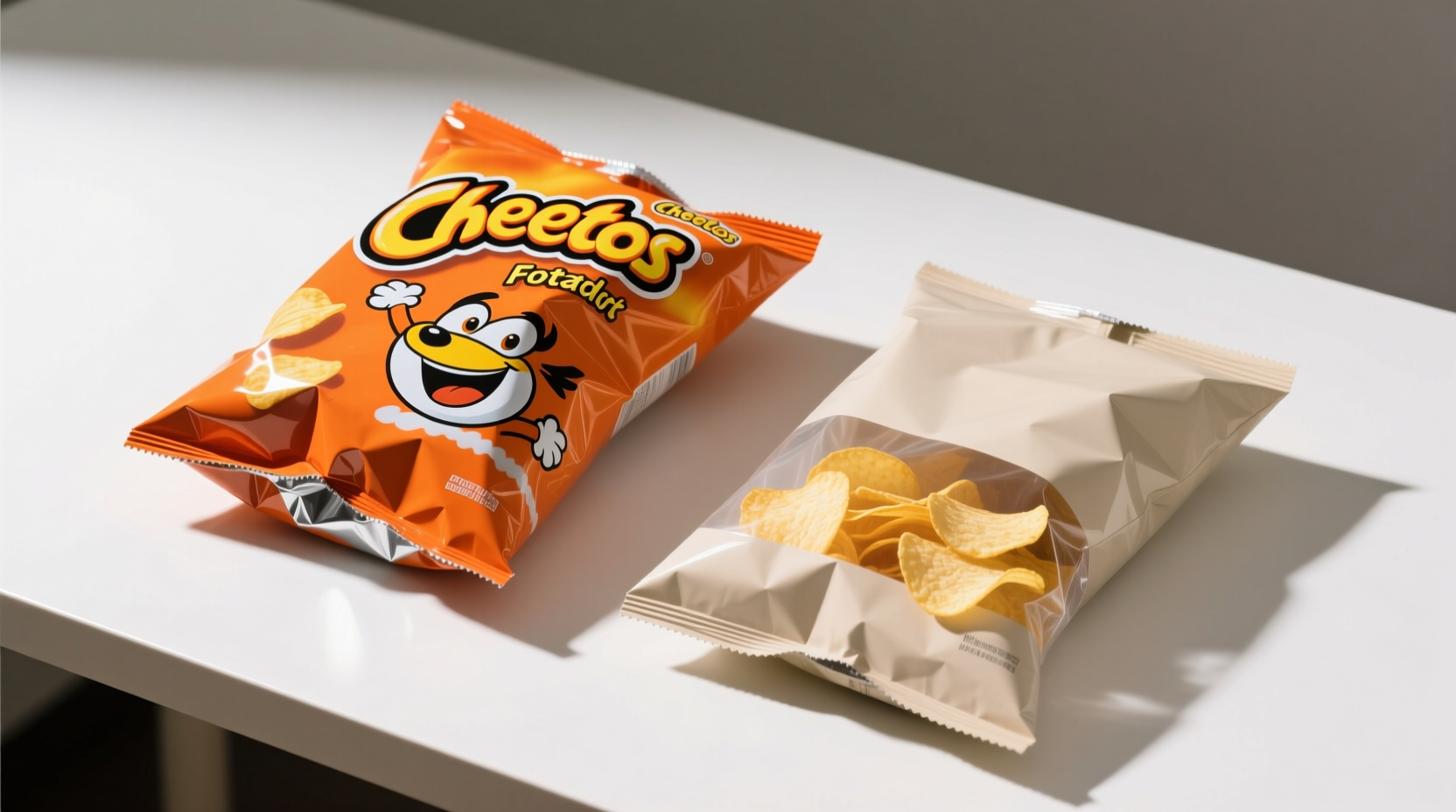 Cheetos bag next to potato chips for visual comparison