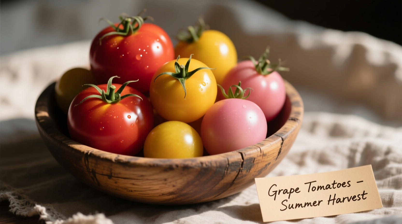 Colorful grape tomatoes in a wooden bowl
