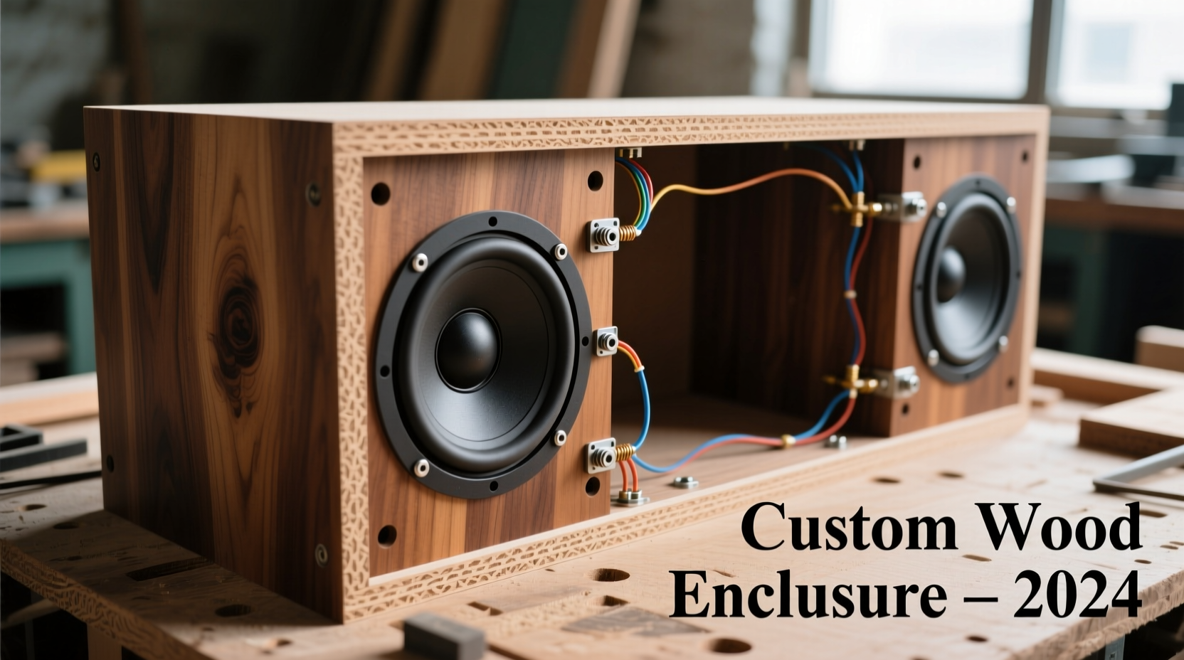 Custom wood enclosure with speaker drivers during assembly