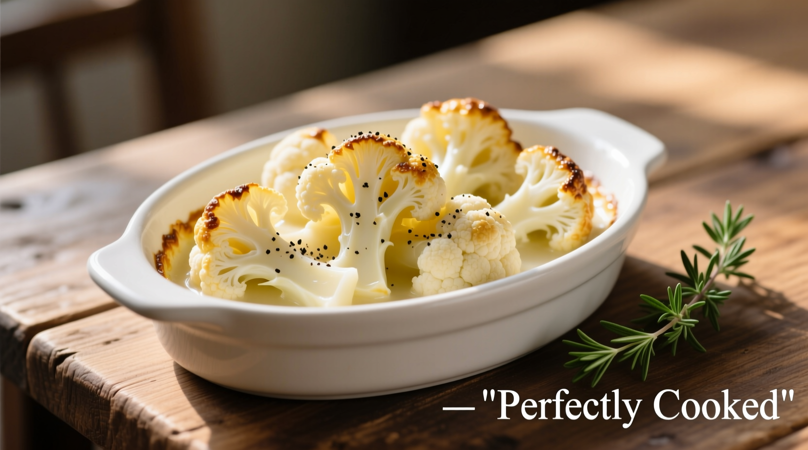 Perfectly cooked creamed cauliflower in white ceramic dish