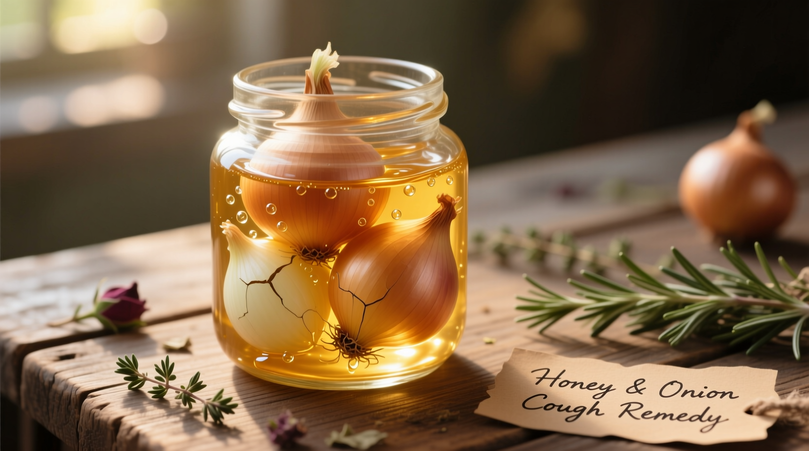 Glass jar with onions steeping in honey for cough remedy
